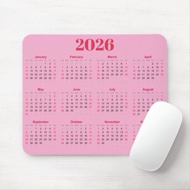 Mousepad Simple red and pink 2026 Calendar  (Com mouse)