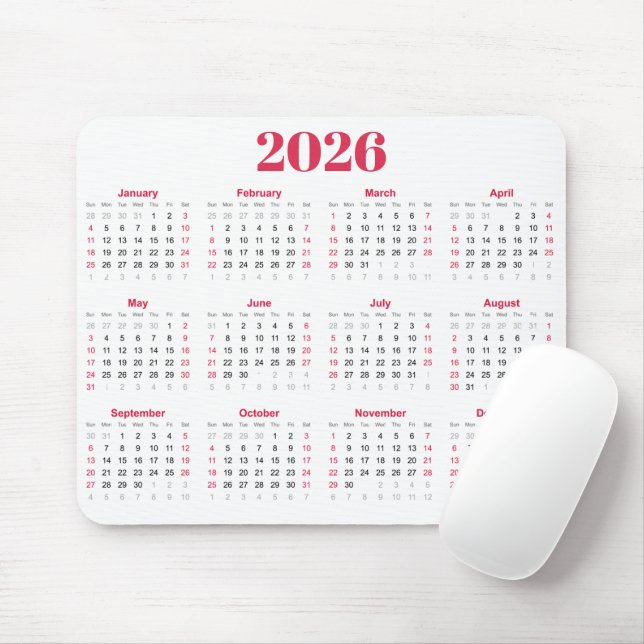 Mousepad Simple red and White 2026 Calendar  (Com mouse)