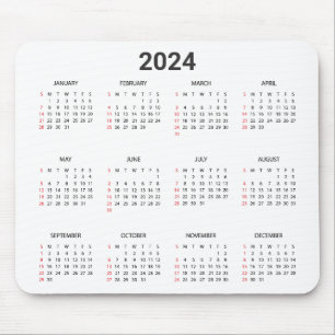 Mousepad Simples 2024 Anos No Calendário Vermelho E Cinza