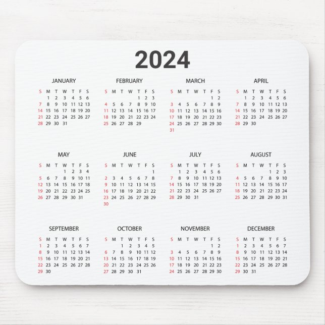 Mousepad Simples 2024 Anos No Calendário Vermelho E Cinza (Frente)