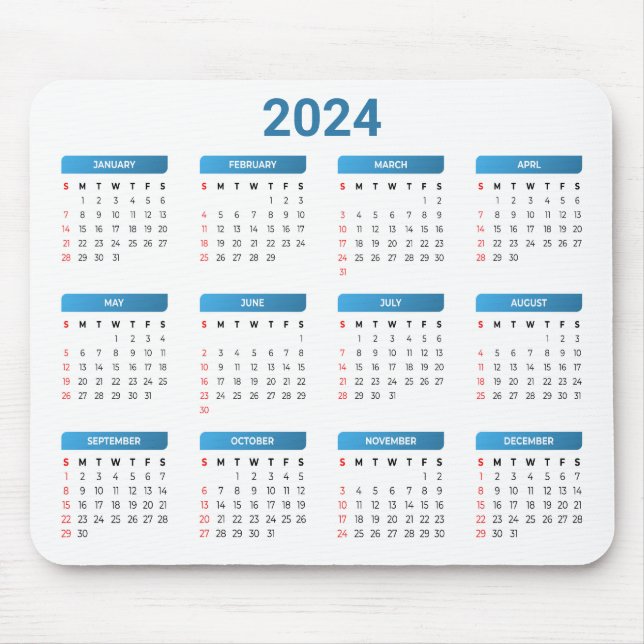 Mousepad Simples 2024 Anos Num Calendário Azul E Branco (Frente)