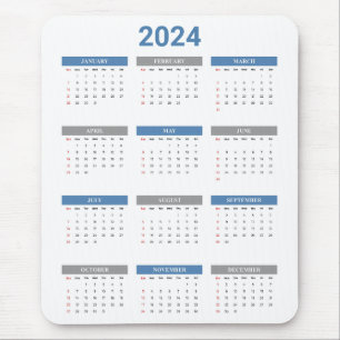 Mousepad Simples 2024 Anos Num Calendário Azul E Branco