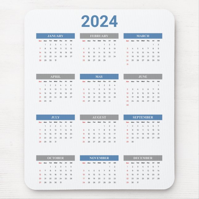 Mousepad Simples 2024 Anos Num Calendário Azul E Branco (Frente)