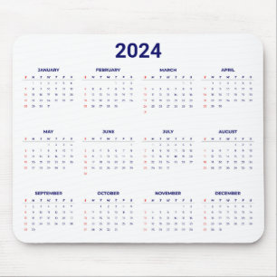 Mousepad Simples 2024 Anos Num Calendário Azul E Branco