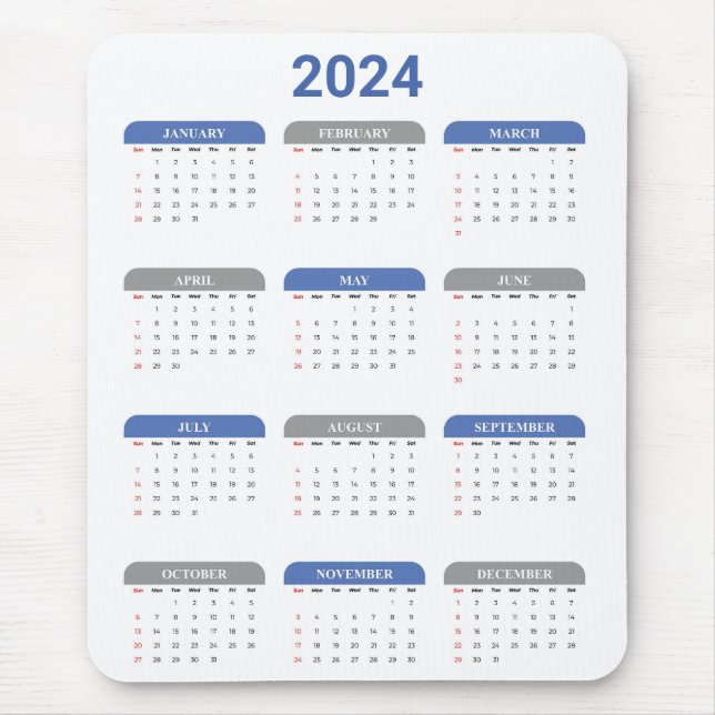 Mousepad Simples 2024 Anos Num Calendário Azul E Branco (Frente)