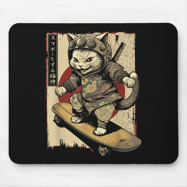 Mousepad Skateboard Samurai Cat Tattoo Kawaii Ninj (Frente)