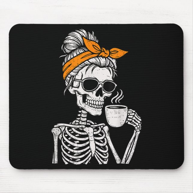 Mousepad Skeleton Messy Bun Drinking Coffee Halloween Costu (Frente)