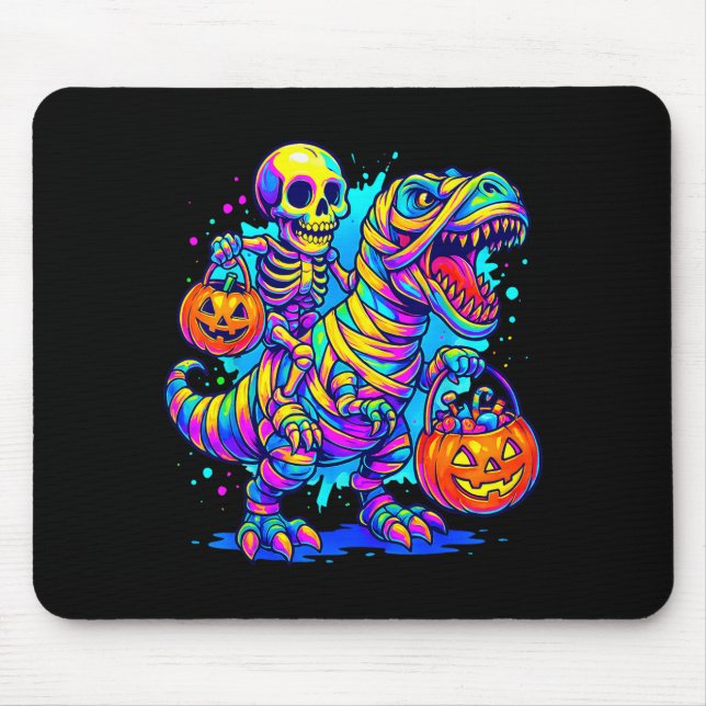 Mousepad Skeleton Riding Mummy Dinosaur T Rex Halloween Fun (Frente)