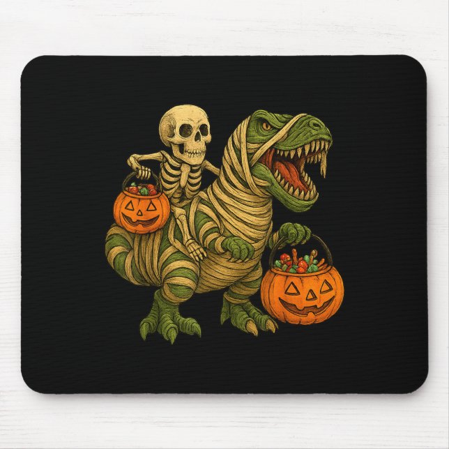 Mousepad Skeleton Riding Mummy Dinosaur T Rex Halloween Fun (Frente)