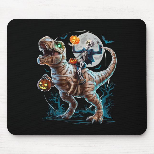 Mousepad Skeleton Riding Mummy Pumpkin T Rex Dinosaur Funny (Frente)