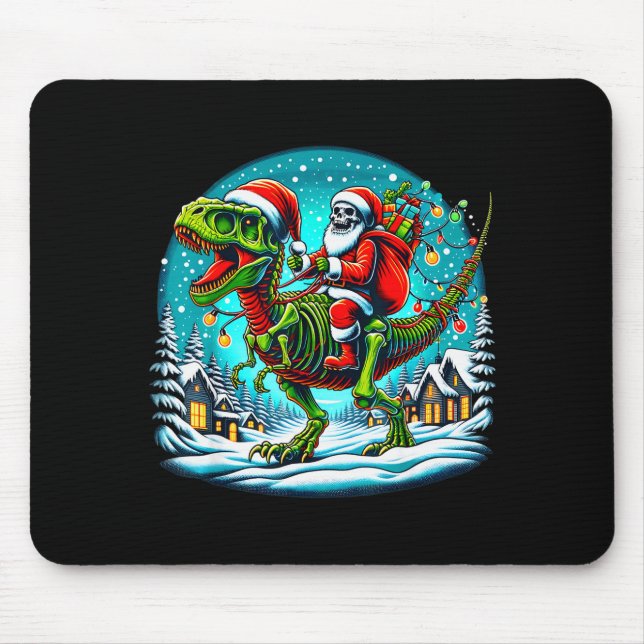 Mousepad Skeleton Santa Riding T Rex Dinosaur Funny Christm (Frente)