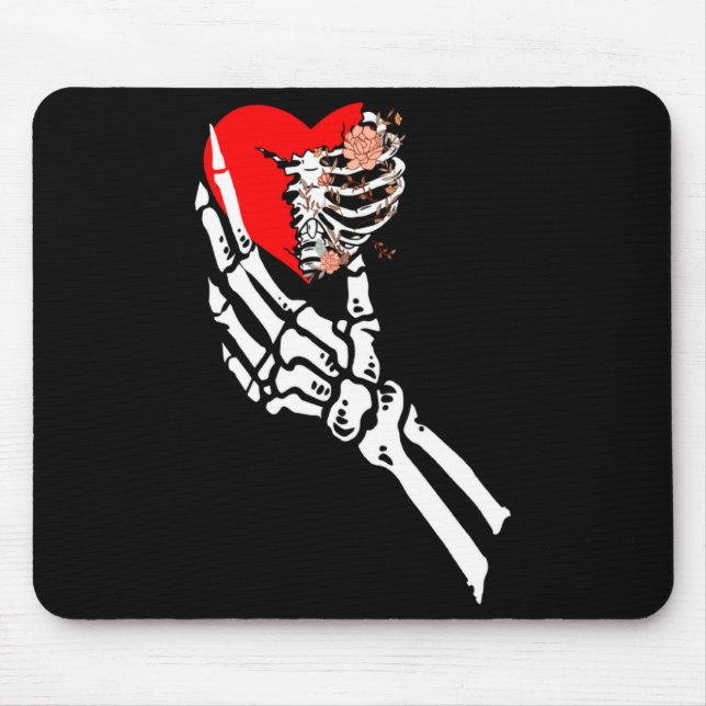Mousepad Skull Skeleton Hand Holding Red Heart Love Valenti (Frente)