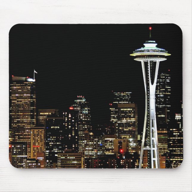 Mousepad Skyline de Seattle na noite, com agulha do espaço (Frente)