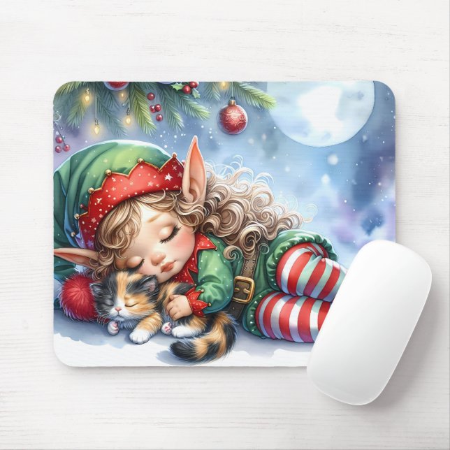 Mousepad Sleeping Christmas Elf with Calico Kitten (Com mouse)