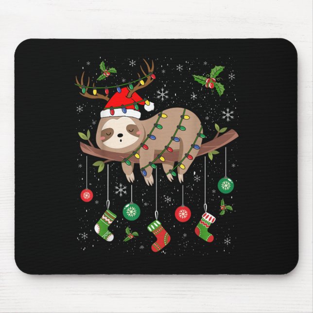 Mousepad Sloths Xmas Lighting Reindeer Santa Hat Sloth Chri (Frente)