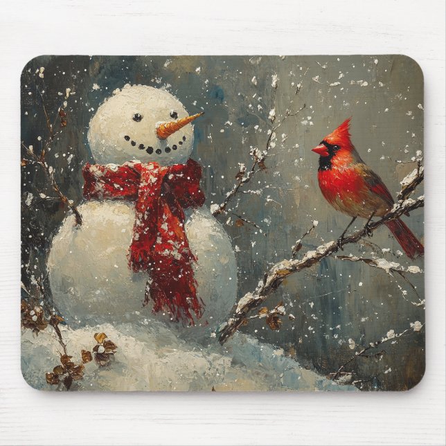 Mousepad Snowman e uma pintura a óleo cardeal (Frente)