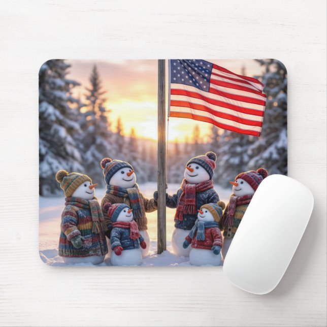 Mousepad Snowman Family Gathering Around a Flagpole (Com mouse)