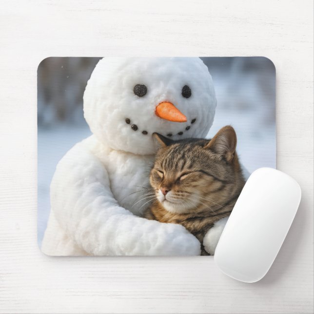 Mousepad Snowman Hugging a Tabby Cat (Com mouse)