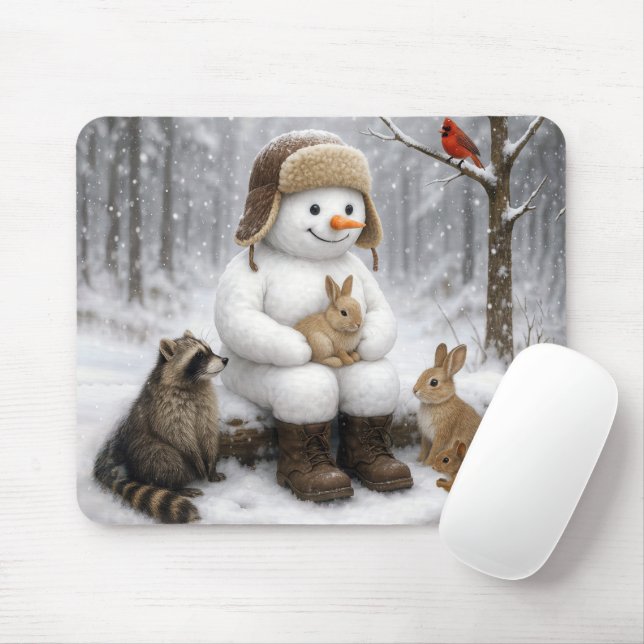 Mousepad Snowman In Winter Woods With Animal Friends (Com mouse)