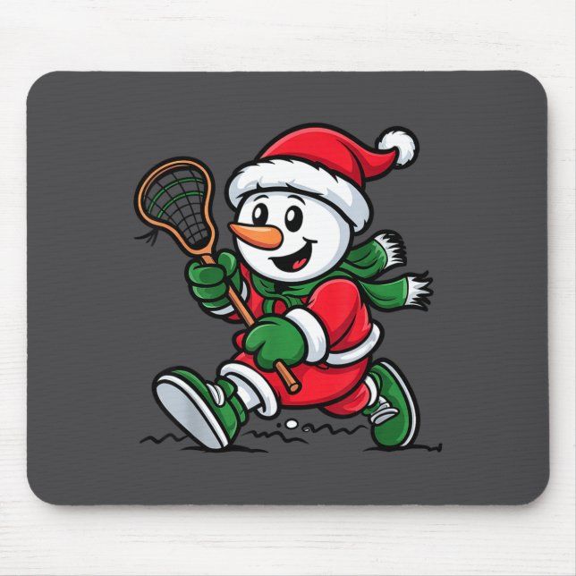 Mousepad Snowman Santa Hat Playing Lacrosse Christmas Playe (Frente)