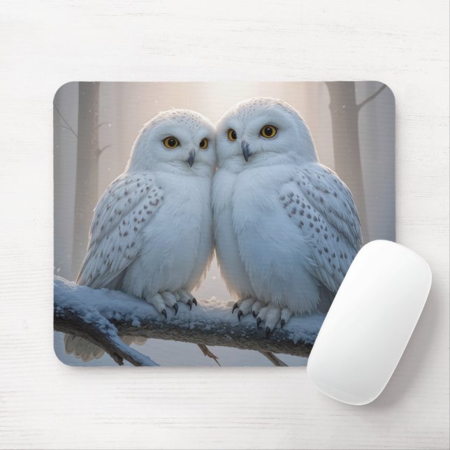 Mousepad Snowy Owls On a Winter Branch (Com mouse)