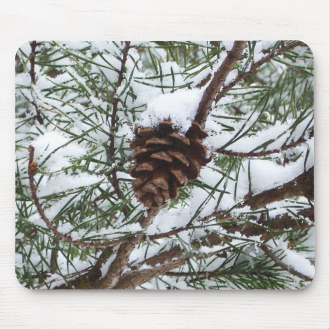 Mousepad Snowy Pine Cone II Fotografia de inverno (Frente)