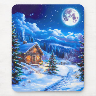 Mousepad Snowy Winter Christmas Moon Night Cabin