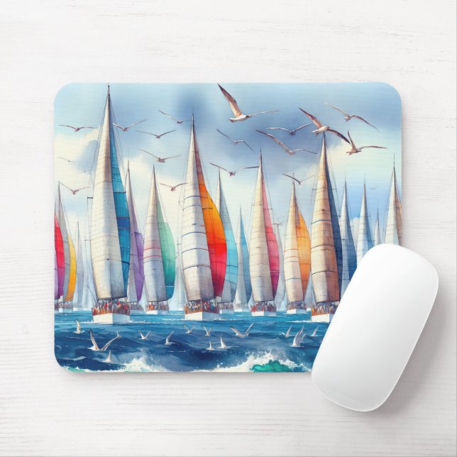 Mousepad Soaring Seagulls With Sailboat Regatta (Com mouse)