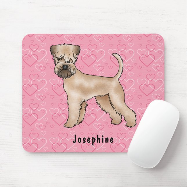 Mousepad Soft-Coated Wheaten Terrier Corações Rosa e Nome (Com mouse)