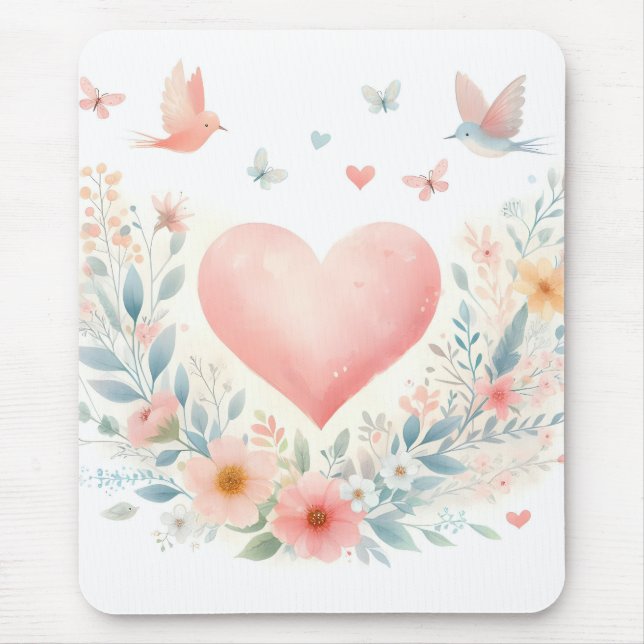 Mousepad Soft Watercolor Heart Love Flowers Birds (Frente)