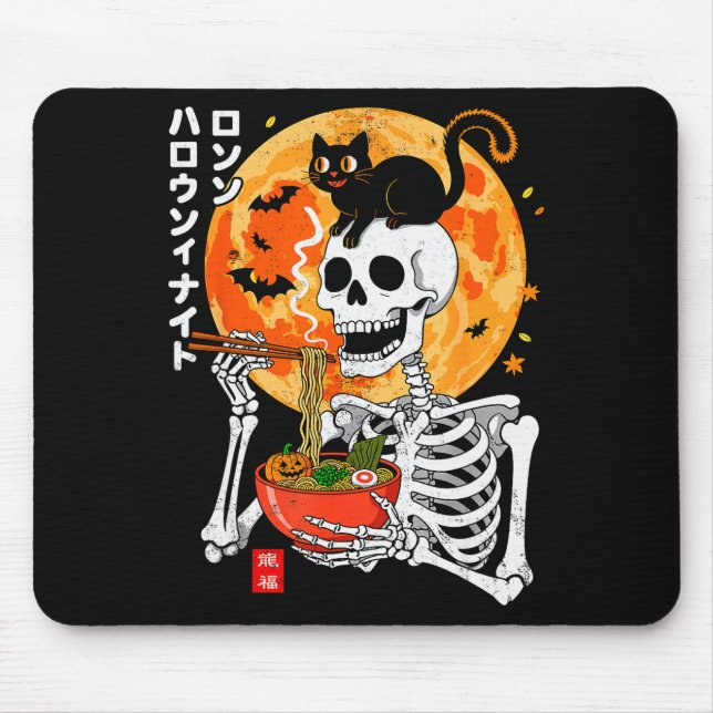 Mousepad Soky Skeleton Eating Ramen Bowl With Cat Halloween (Frente)