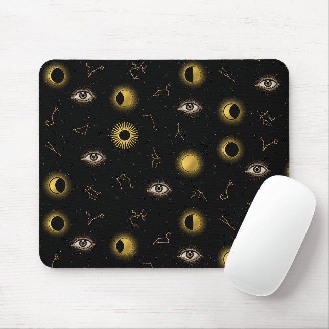 Mousepad Sol Celestial Dourado Negro e Lua (Com mouse)