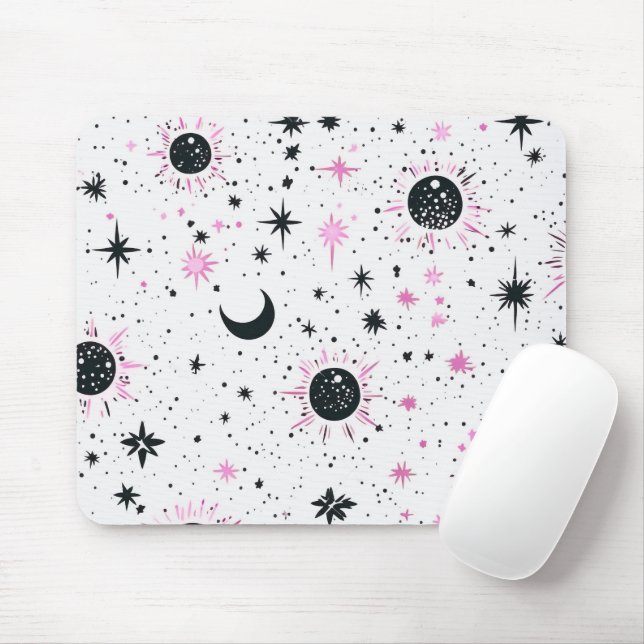 Mousepad Sol Lua Estrelas Celestiais Preto e Rosa (Com mouse)