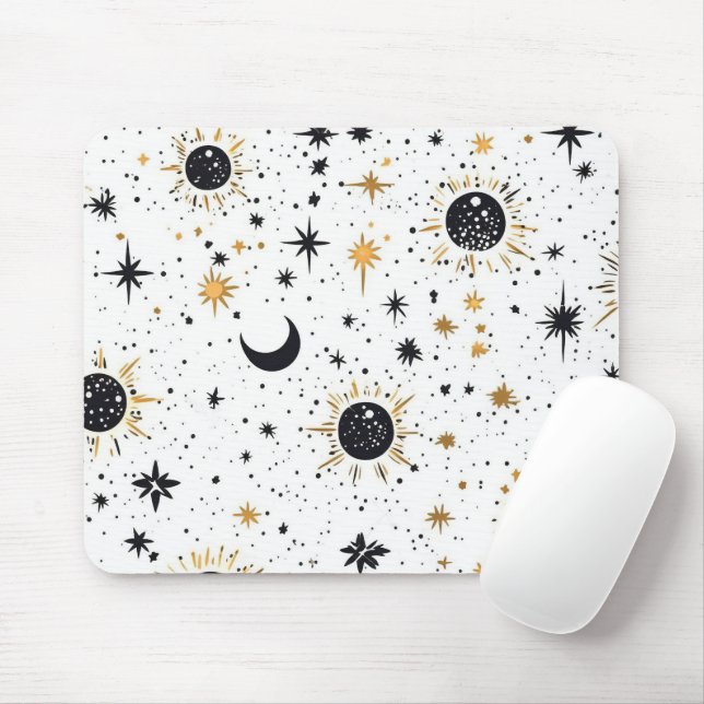 Mousepad Sol Lua Estrelas Preto e Dourado Celestial (Com mouse)