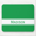 Mousepad Solid Kelly Green White Stripes Modern Name<br><div class="desc">This design has a solid kelly green background color with white stripes and a modern font. Customize the name using the template field.</div>