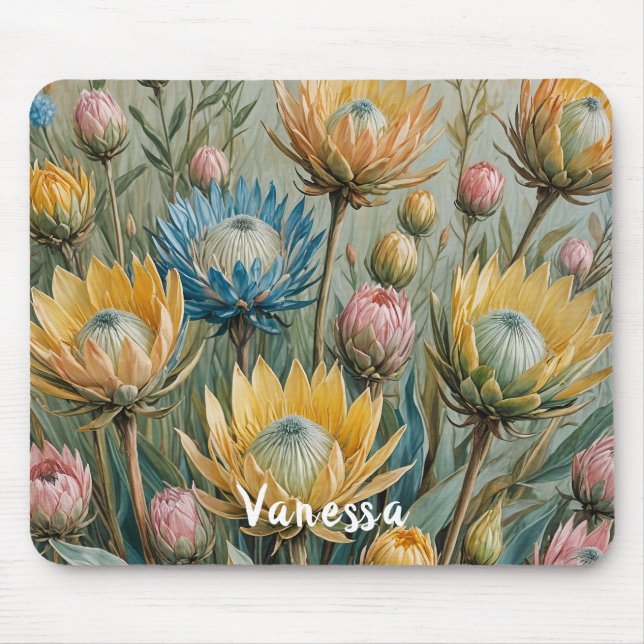 Mousepad Sonho com Protea Pastel: Floral Elegante (Frente)