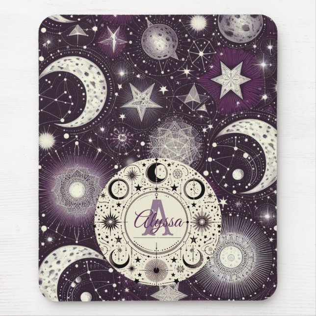 Mousepad Sonhos Celestiais Roxos e Brancos: Lua e Estrelas (Frente)