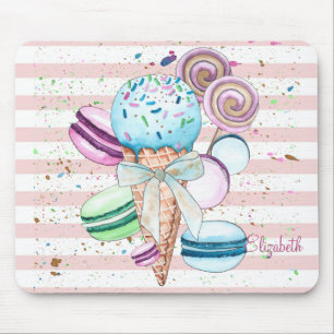 Mousepad Sorvete de aquarela,Macarons,Listras Rosa