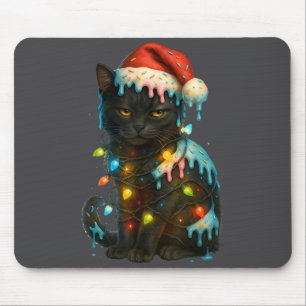 Mousepad Sorvete de Gato Preto de Natal Chapéu de Papai Noe