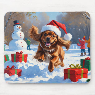 Mousepad Spaniel Tibetano Correndo na Neve com Chapéu de Na