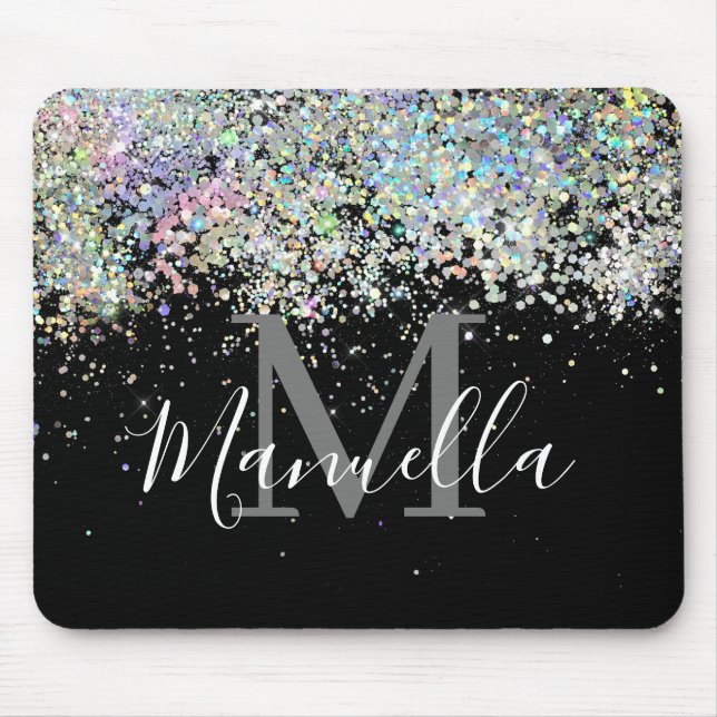 Mousepad Sparkly Holographic Rose Gold Glitter Monogram (Frente)