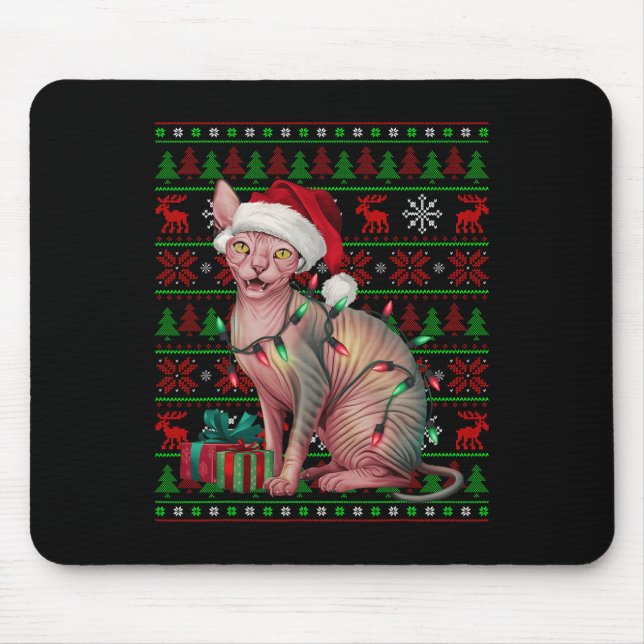 Mousepad Sphynx Cat Xmas Luzes Feias Santa Hat Sphynx Cat C (Frente)