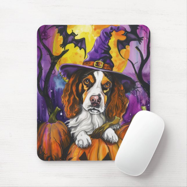 Mousepad Spooky Brittany Spaniel Halloween Witch Pumpkin (Com mouse)