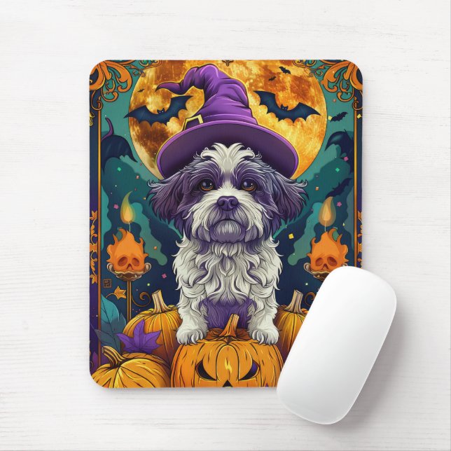 Mousepad Spooky Shih Tzu Dog Halloween Bruxelles E Pumpkin (Com mouse)