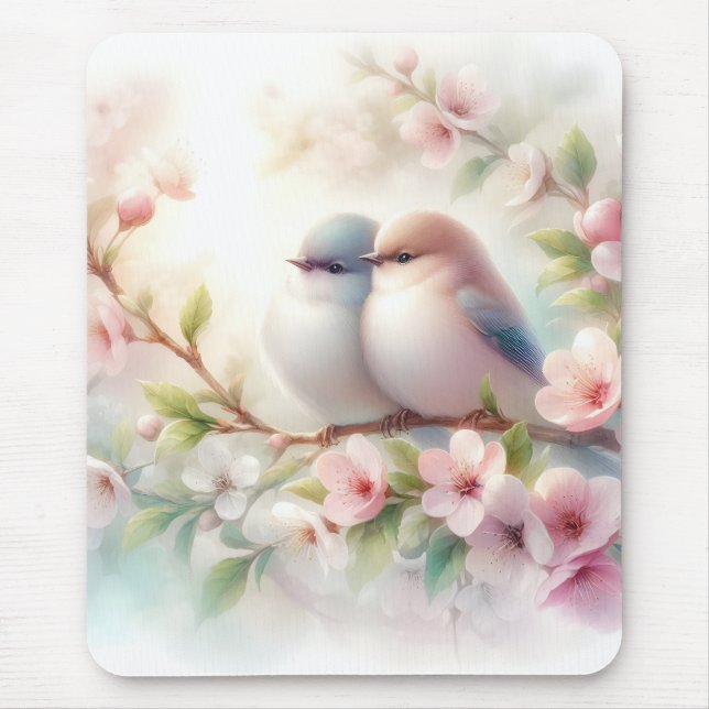 Mousepad Spring Love Birds Cherry Blossom Floral (Frente)