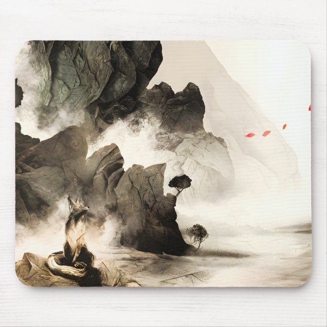 Mousepad Spring Mystic Fox Misty Mountain Minimalist Zen (Frente)