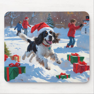 Mousepad Springer Spaniel Correndo na Neve com Chapéu de Na
