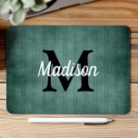 Mousepad Spruce Green Vintage Pinstripe Monograma Retro<br><div class="desc">Este design apresenta um padrão de listras de pinça vintage em verde de spruce com listras tracejadas pretas. Personalize-o com o seu monograma inicial a preto e o seu nome no guião retrô branco.</div>