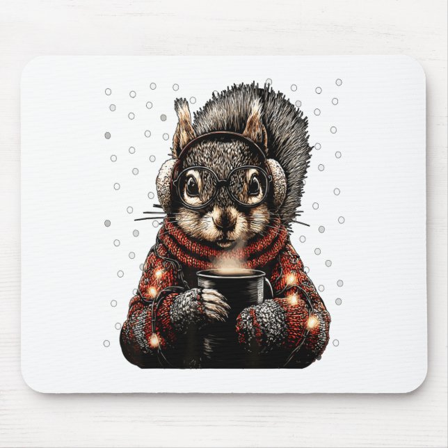 Mousepad Squirrel With Gles Christmas Lights Funny Coffee W (Frente)