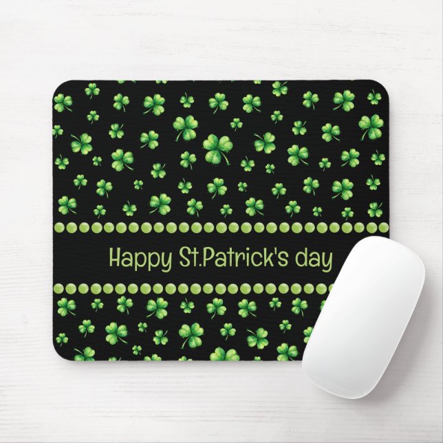 Mousepad St. Patrick’s Day Watercolor Shamrock on black  (Com mouse)